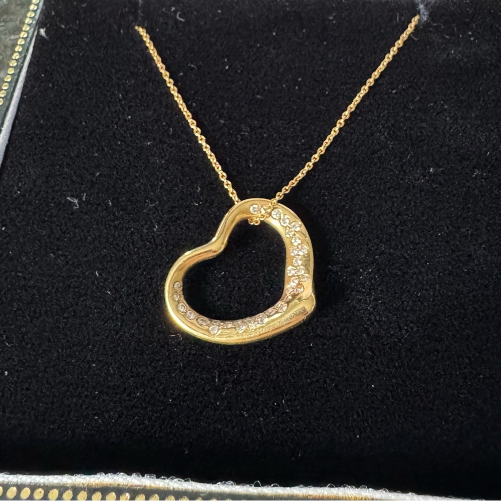 Tiffany & Co Elsa Peretti 18K Gold Diamond Open Heart Pendant 25mm